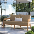 Modway Brisbane Modern Teak Wood/Fabric Patio Loveseat in Light Brown/Natural