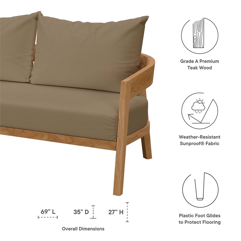 Modway Brisbane Modern Teak Wood/Fabric Patio Loveseat in Light Brown/Natural
