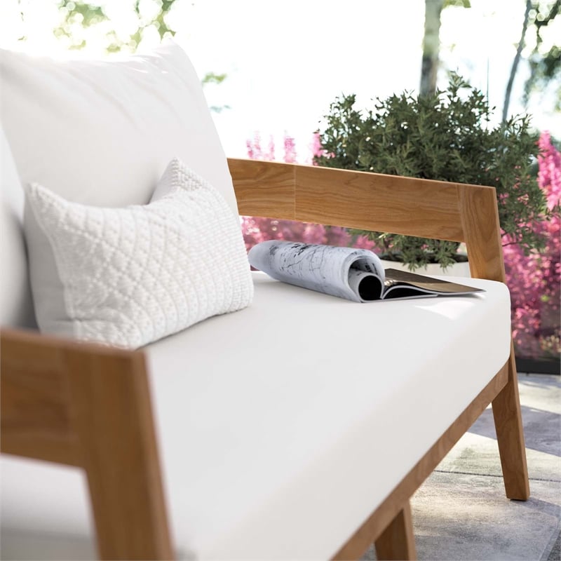 Modway Brisbane Modern Teak Wood/Fabric Patio Loveseat in White/Natural