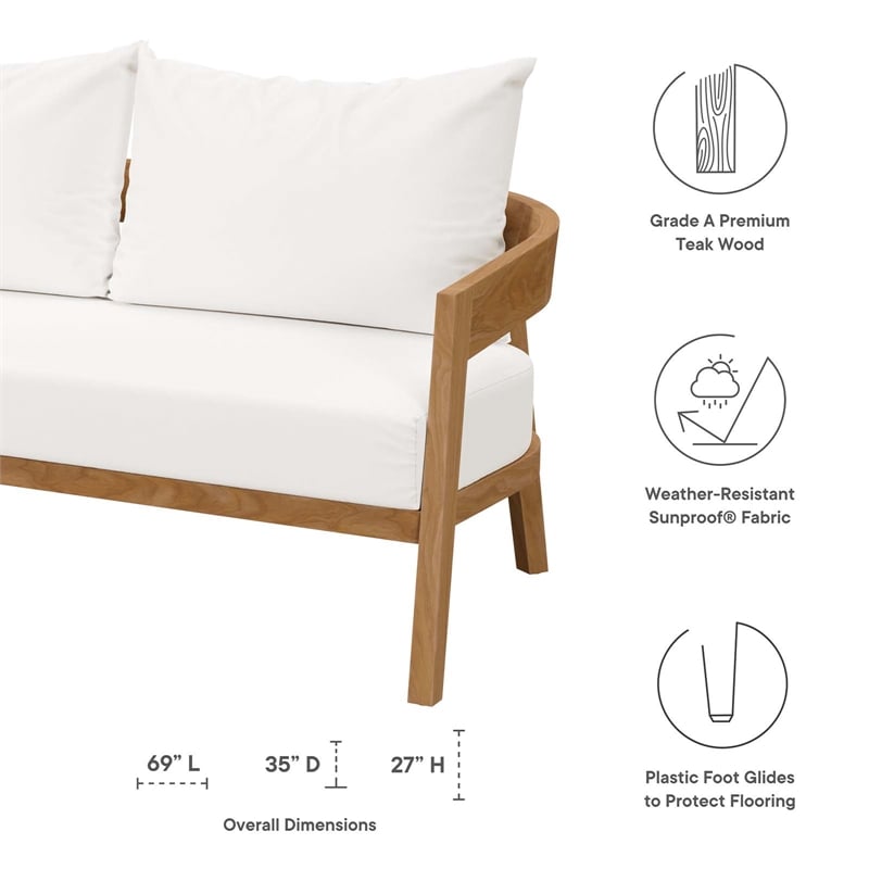 Modway Brisbane Modern Teak Wood/Fabric Patio Loveseat in White/Natural