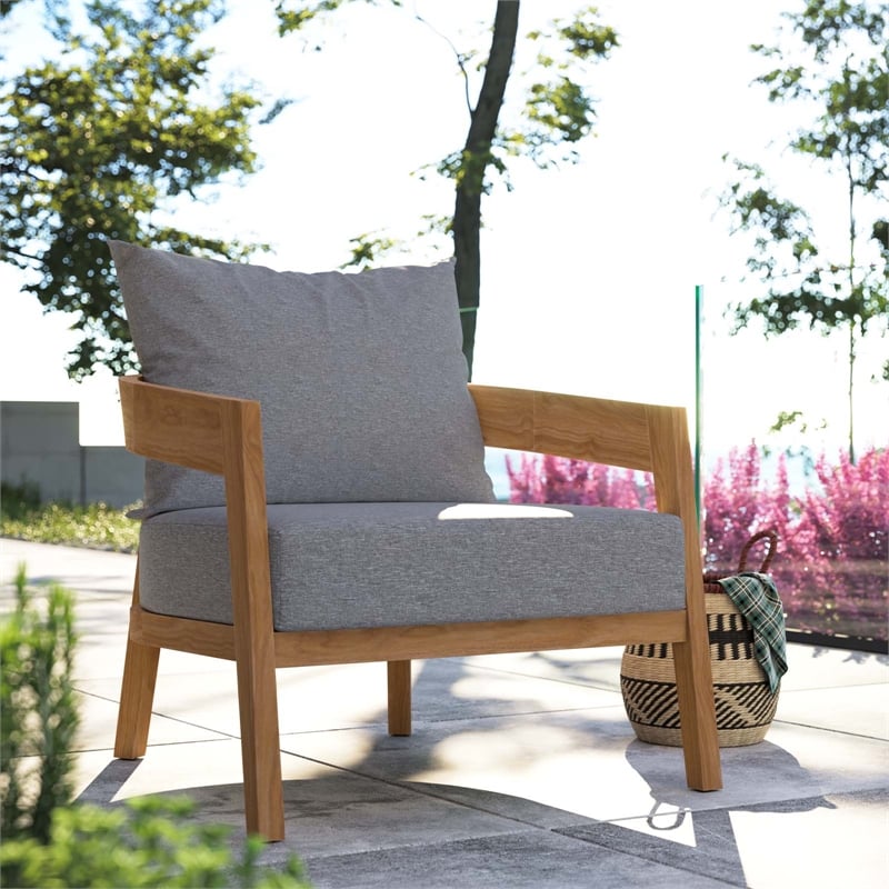 Modway Brisbane Modern Fabric/Teak Wood Outdoor Armchair in Gray/Natural