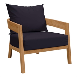 modway brisbane teak wood & fabric outdoor patio armchair in natural/navy
