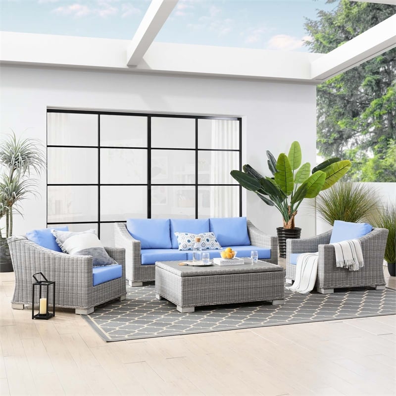 Modway Conway 4-Piece Fabric & Rattan Outdoor Furniture Set in Light Gray/Blue