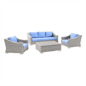 modway conway 4-piece rattan & fabric outdoor patio furniture set in gray/blue