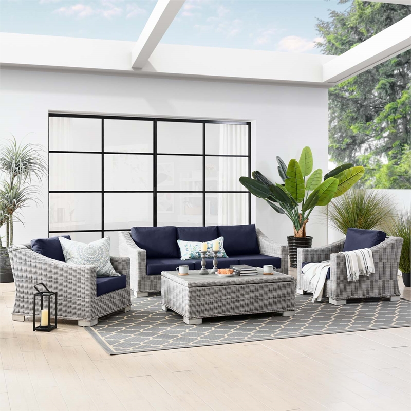 Modway Conway 4-Piece Fabric & Rattan Outdoor Furniture Set in Light Gray/Navy