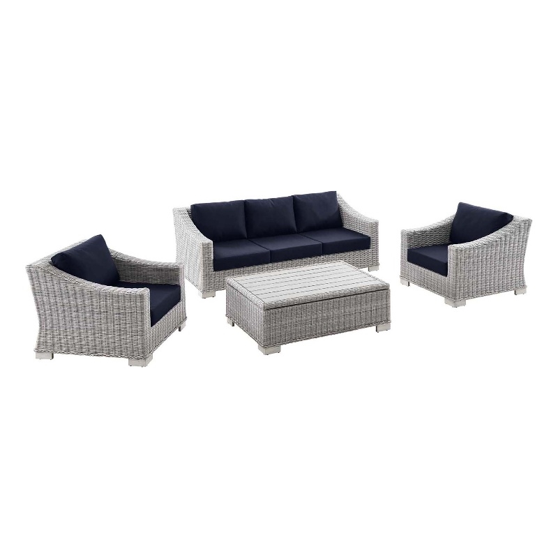 Modway Conway 4-Piece Fabric & Rattan Outdoor Furniture Set in Light Gray/Navy