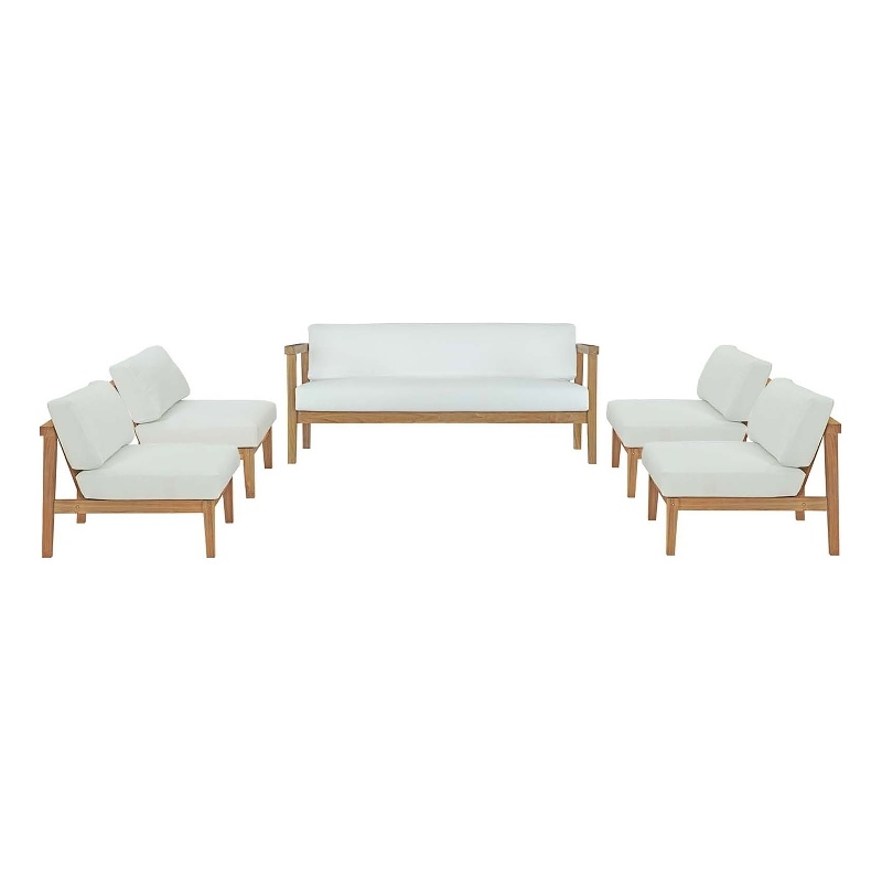 Modway Bayport 5-Piece Modern Teak Wood/Fabric Outdoor Set in White/Natural
