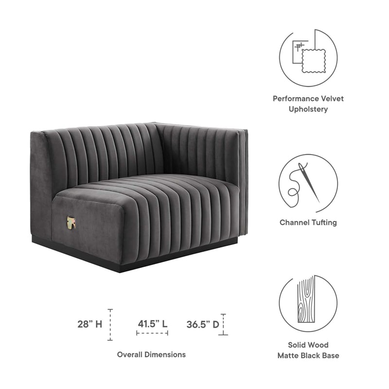Modway Conjure Modern Channel Tufted Velvet Right-Arm Chair in Gray