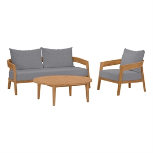 modway brisbane 3-piece wood & fabric outdoor patio set in natural/gray