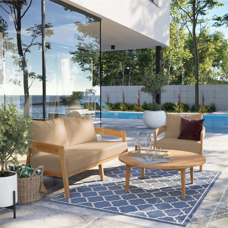 Modway Brisbane 3-Piece Teak Wood Outdoor Patio Set - Natural/Light Brown