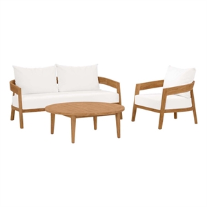 modway brisbane 3-piece wood & fabric outdoor patio set in natural/white