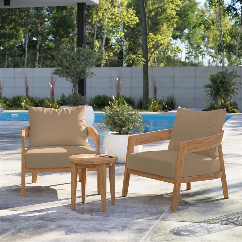 Modway Brisbane 3-Piece Teak Wood Outdoor Patio Set in Natural/Light Brown