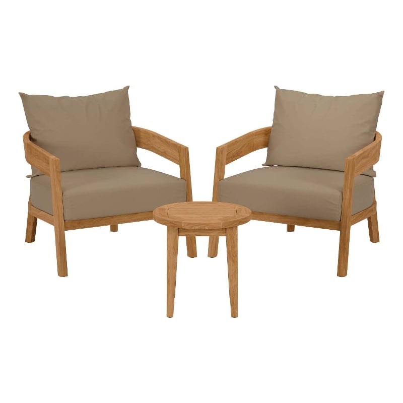 Modway Brisbane 3-Piece Teak Wood Outdoor Patio Set in Natural/Light Brown