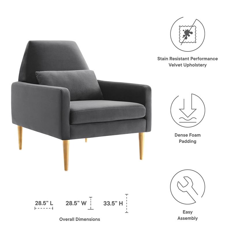 Modway Liliana Modern Performance Velvet Armchair in Charcoal/Gold