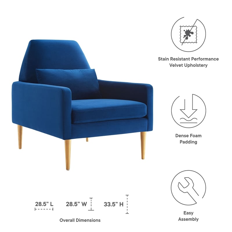 Modway Liliana Modern Performance Velvet Armchair in Navy/Gold