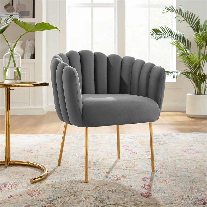Modway Sanna Modern Channel Tufted Performance Velvet Armchair in Gray/Gold