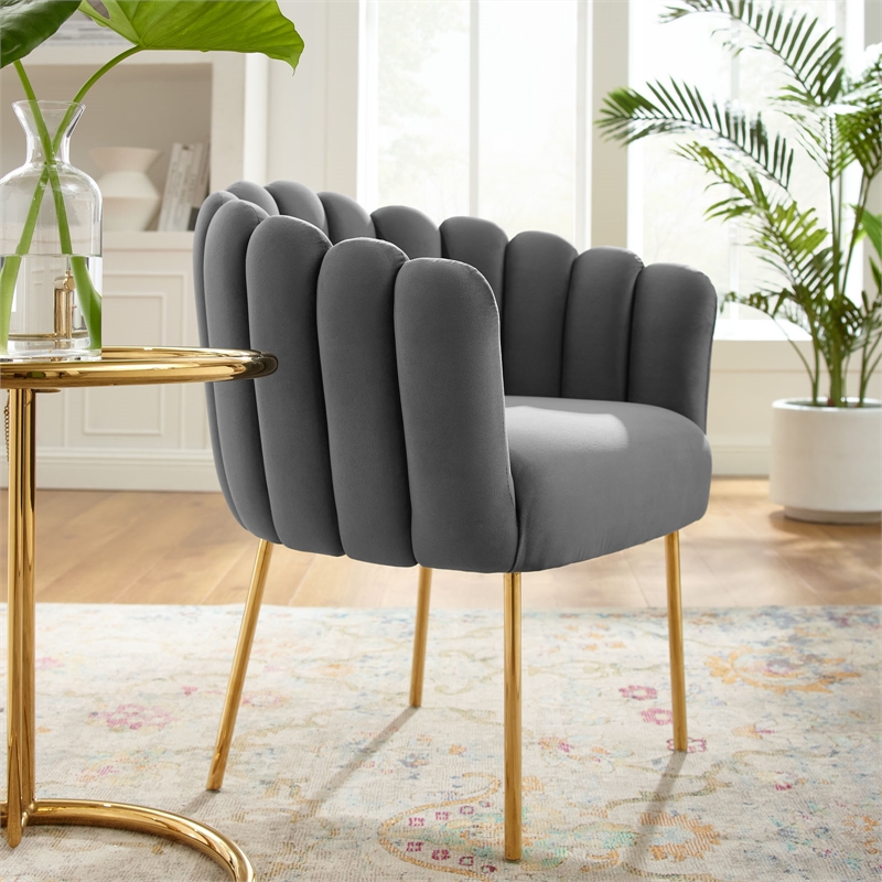 Modway Sanna Modern Channel Tufted Performance Velvet Armchair in Gray/Gold