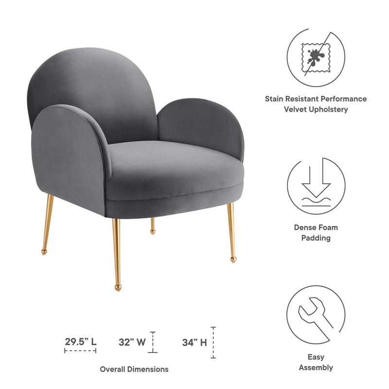 Modway Transcend Modern Performance Velvet Armchair in Gray/Gold