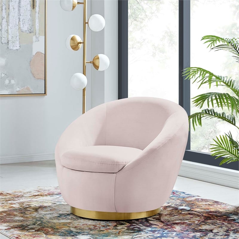 Modway Buttercup Modern Performance Velvet Swivel Chair in Gold/Pink