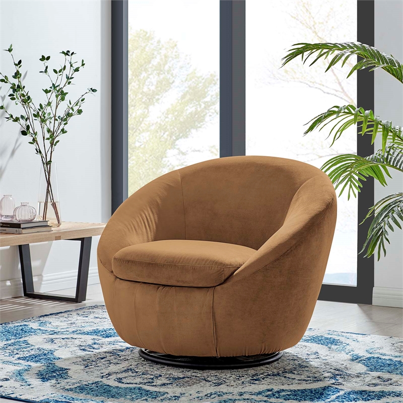 Modway Buttercup Performance Velvet Swivel Chair in Black/Cognac Brown