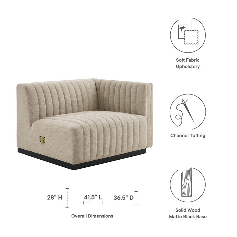 Modway Conjure Modern Channel Tufted Fabric Right-Arm Chair in Beige