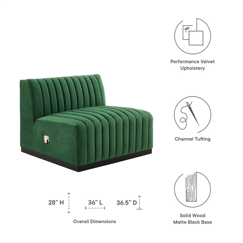 Modway Conjure Modern Channel Tufted Velvet Armless Chair in Emerald Green
