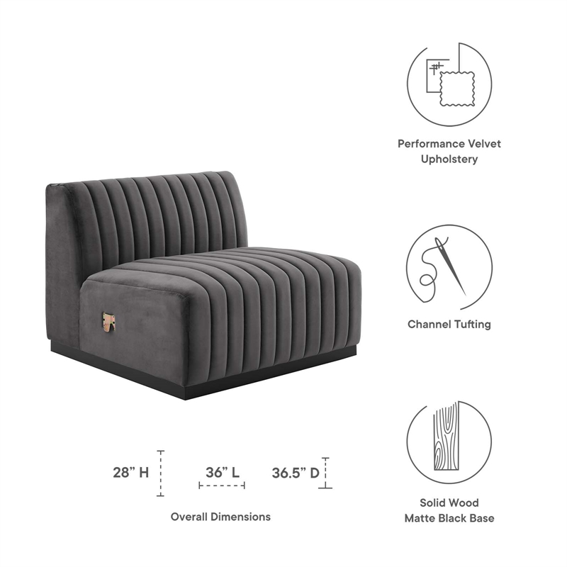 Modway Conjure Modern Channel Tufted Velvet Armless Chair in Gray