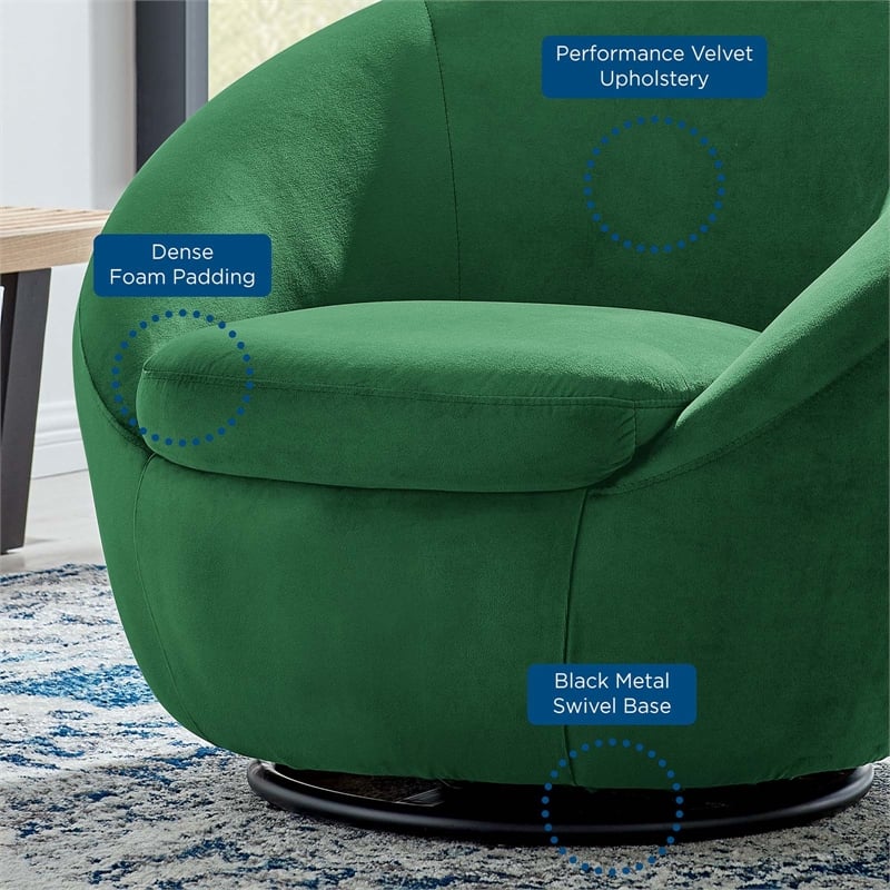 Modway Buttercup Performance Velvet Swivel Chair in Black/Emerald Green