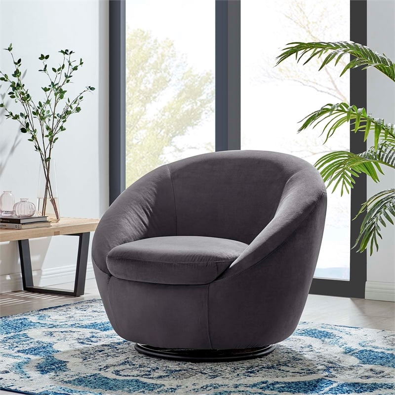 Modway Buttercup Performance Velvet Swivel Chair in Black/Gray