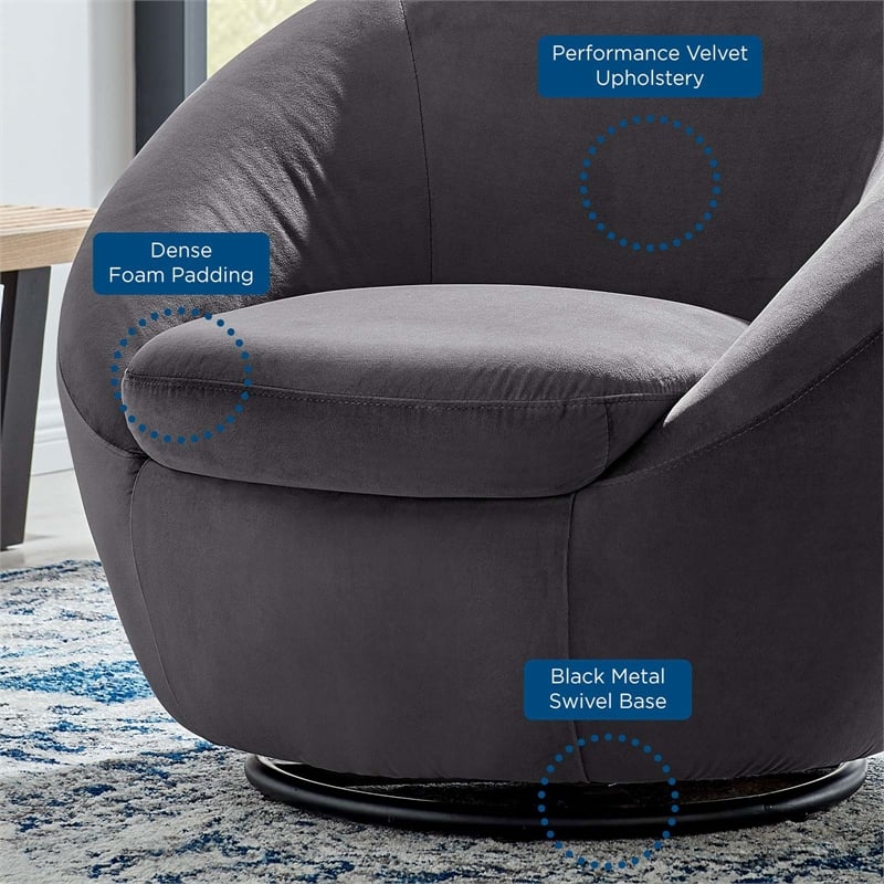 Modway Buttercup Performance Velvet Swivel Chair in Black/Gray