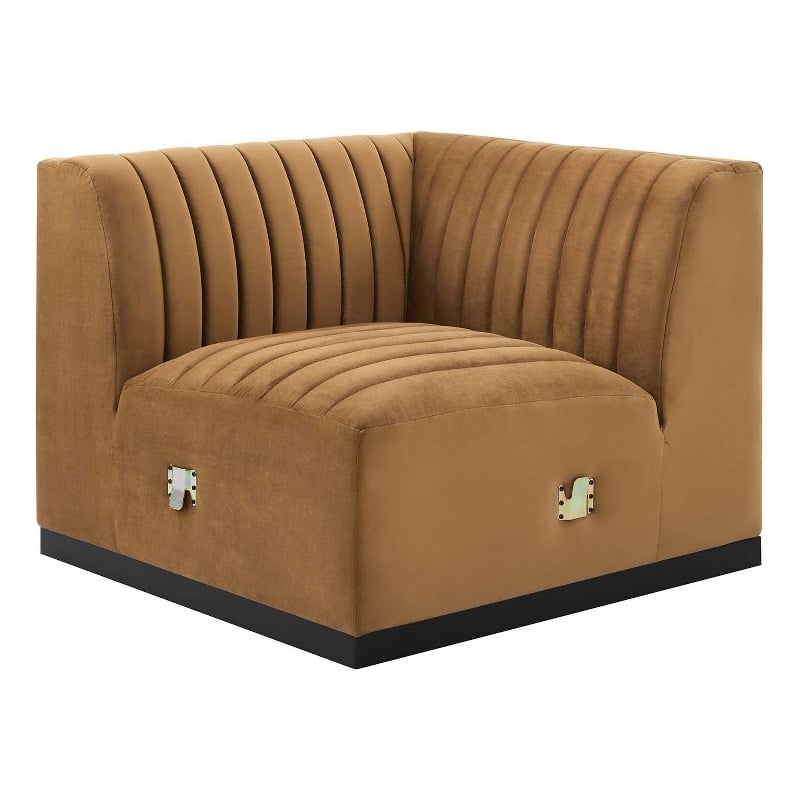 Modway Conjure Modern Channel Tufted Velvet Left Corner Chair in Cognac Brown