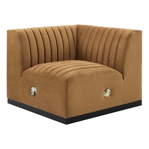 modway conjure channel tufted velvet left corner chair in black/cognac brown