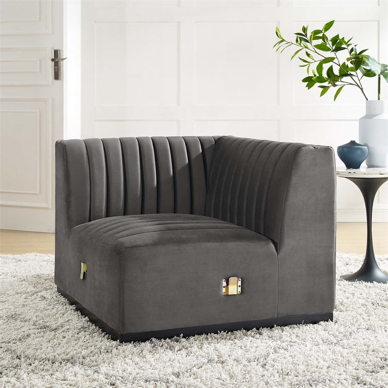 Modway Conjure Modern Channel Tufted Velvet Left Corner Chair in Gray