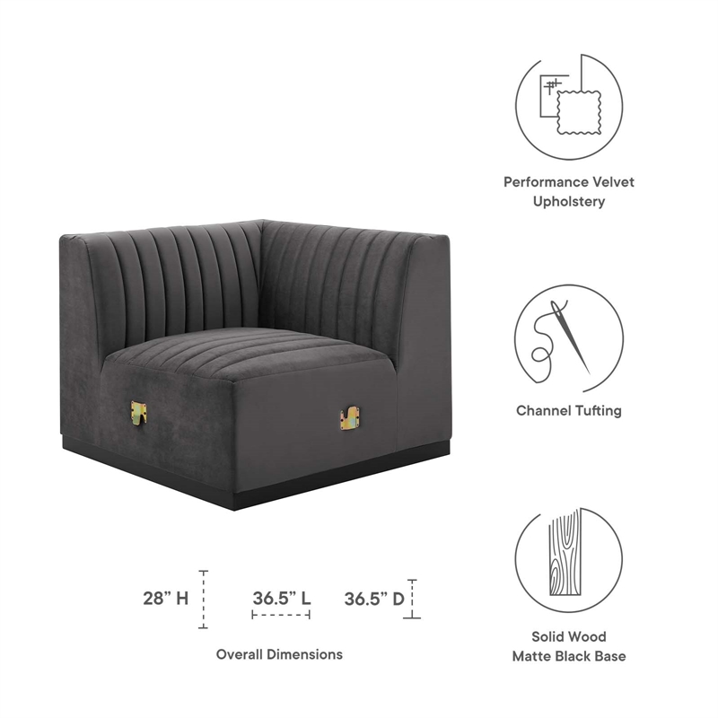 Modway Conjure Modern Channel Tufted Velvet Left Corner Chair in Gray