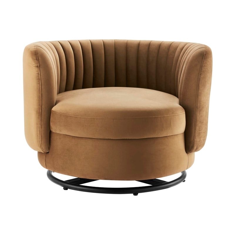 Modway Embrace Upholstered Velvet Fabric Swivel Chair in Black/Cognac Brown