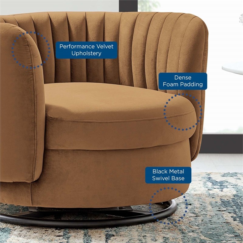 Modway Embrace Upholstered Velvet Fabric Swivel Chair in Black/Cognac Brown
