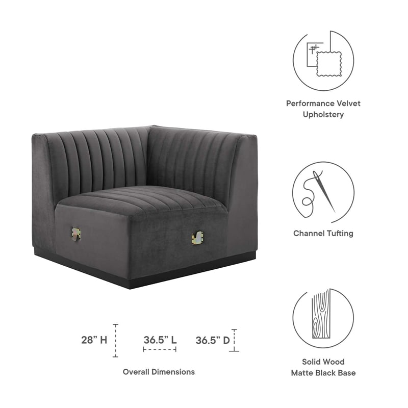Modway Conjure Modern Channel Tufted Velvet Right Corner Chair in Gray
