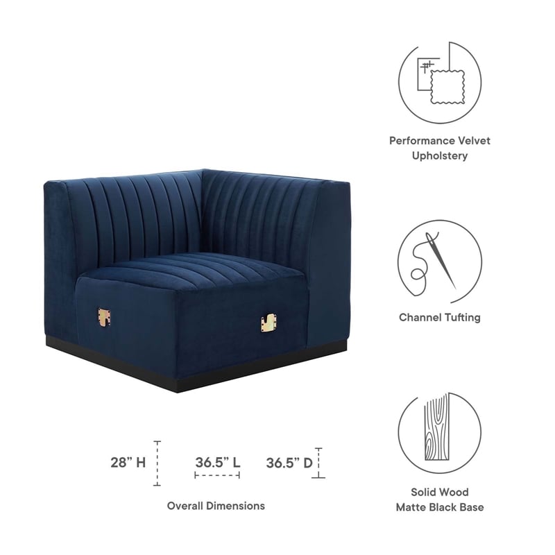 Modway Conjure Modern Channel Tufted Velvet Right Corner Chair in Midnight Blue