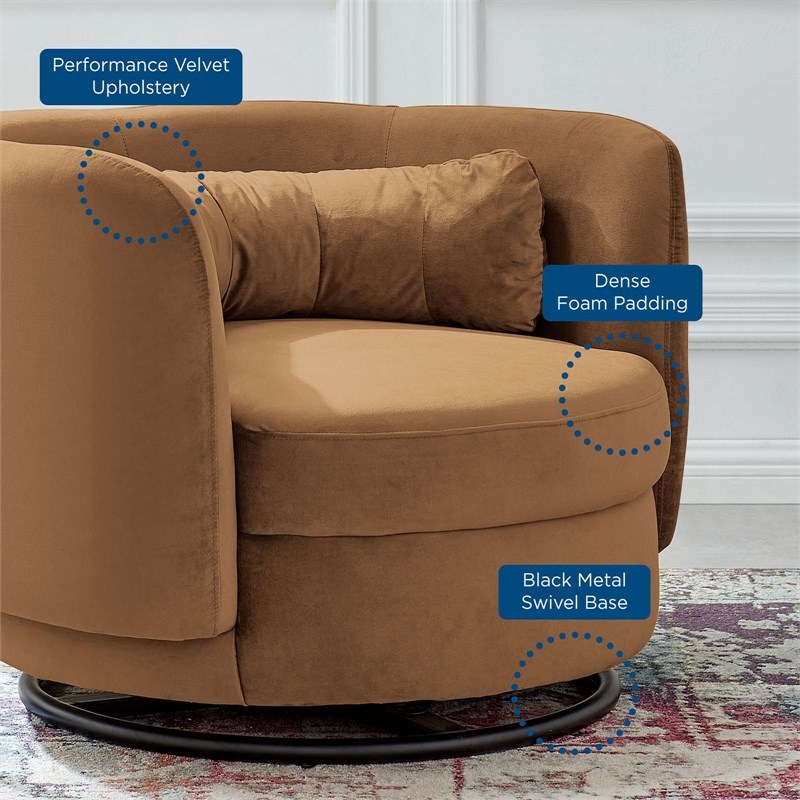 Modway Relish Upholstered Velvet Fabric Swivel Chair in Black/Cognac Brown