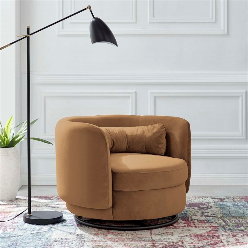 Modway Relish Upholstered Velvet Fabric Swivel Chair in Black/Cognac Brown