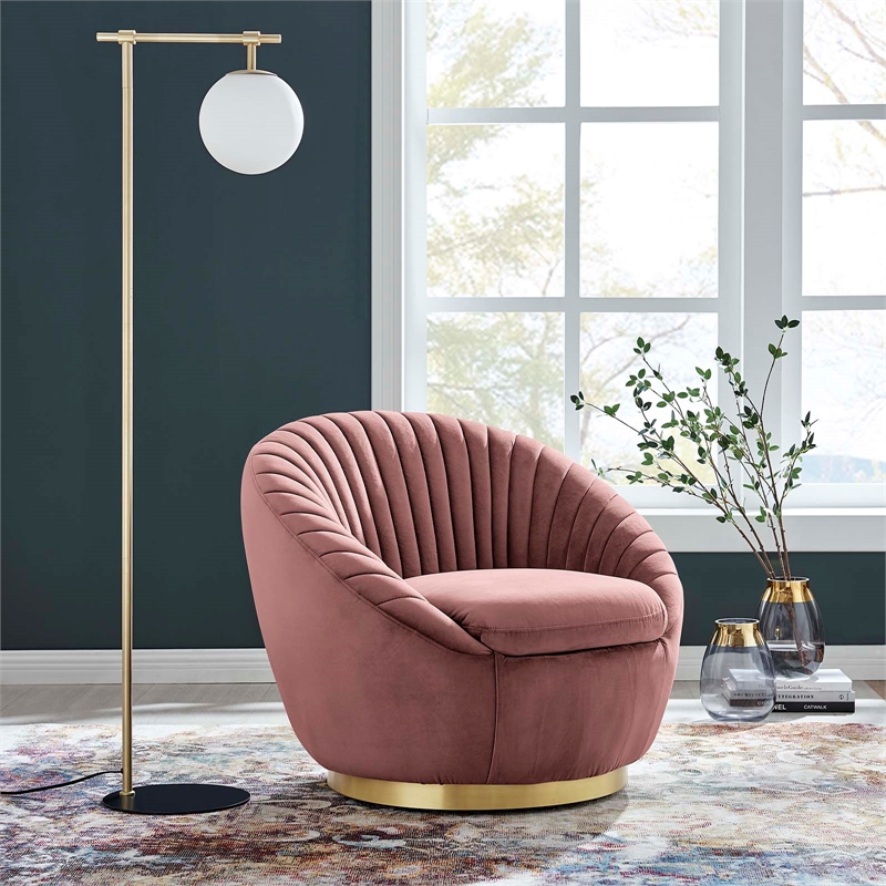 Modway Whirr Upholstered Velvet Fabric Swivel Chair in Gold/Dusty Rose Pink