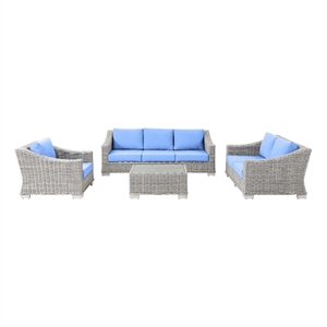 modway conway 4-piece rattan & fabric outdoor patio sofa set in gray/light blue