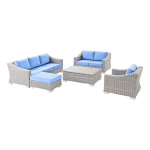 modway conway 5-piece rattan & fabric outdoor patio sofa set in gray/light blue