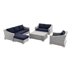 modway conway 5-piece rattan & fabric outdoor patio sofa set in light gray/navy