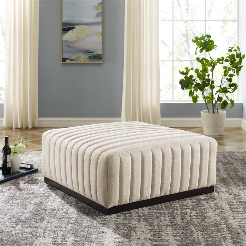 Modway Conjure Modern Channel Tufted Fabric Upholstered Ottoman in Beige