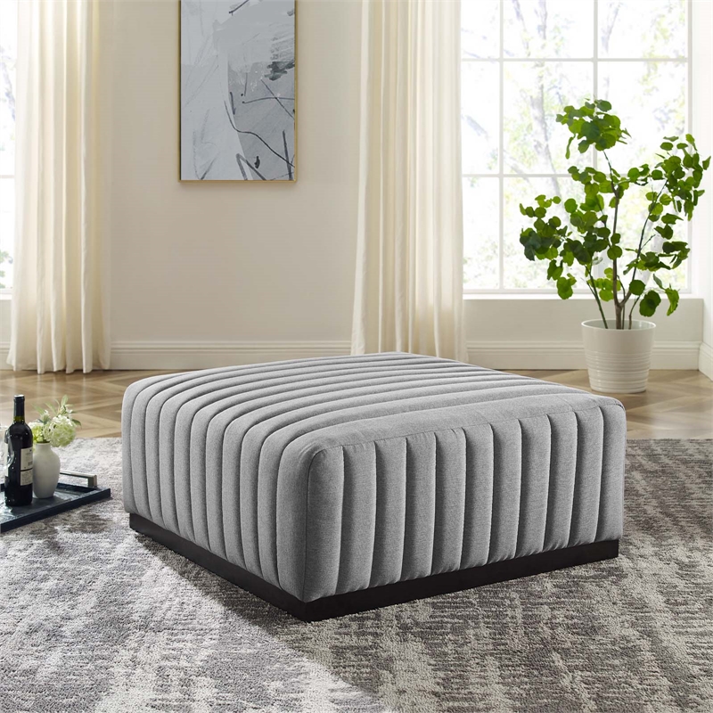 Modway Conjure Modern Channel Tufted Fabric Upholstered Ottoman in Light Gray