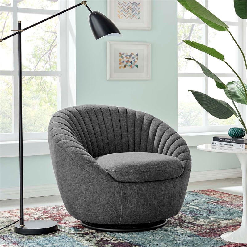 Modway Whirr Upholstered Fabric Swivel Chair in Black Charcoal