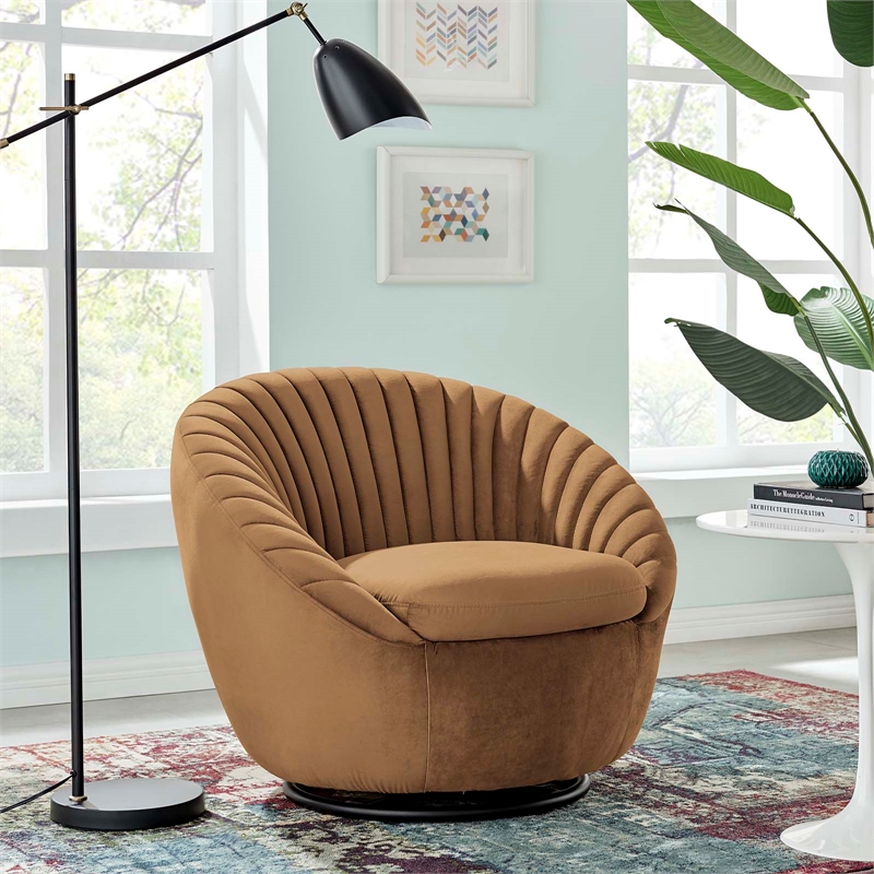 Modway Whirr Upholstered Velvet Fabric Swivel Chair in Black/Cognac Brown