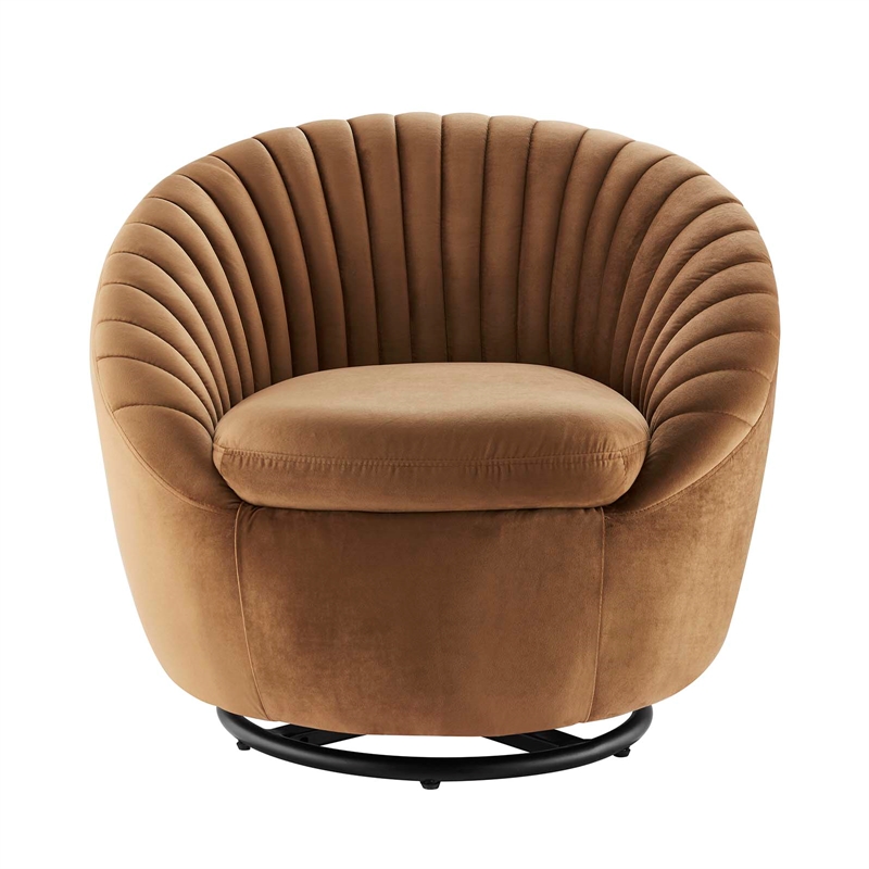 Modway Whirr Upholstered Velvet Fabric Swivel Chair in Black/Cognac Brown