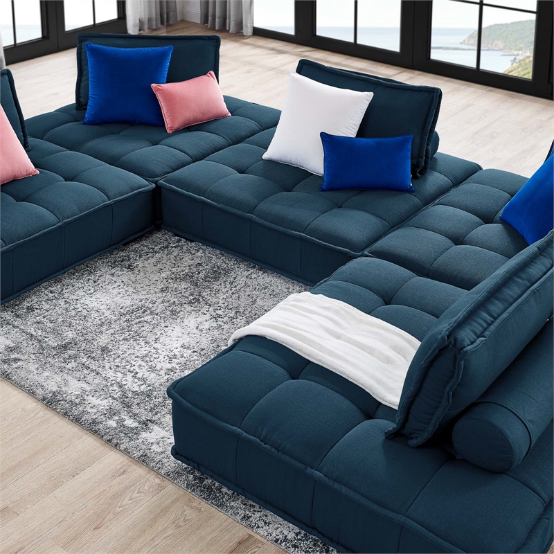 Modway Saunter 5-Piece Modern Tufted Fabric Sectional Sofa in Azure Blue